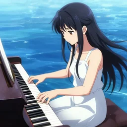 Anime girl playing piano on blue water, long shot, by Cushart Krenz, lots de details, detailed, 4k