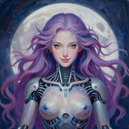 perfectly centered portrait front view of a beautiful biomechanical moon goddess, flowing hair, intense stare, sweet smile, symmetrical, concept art, intricate detail, volumetric shadows and lighting, psychedelic colors, realistic oil painting by alex grey,