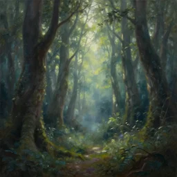 A Craig Mullins oil painting of a hauntingly beautiful elven forest in the morning; rays of light coming through the canopy; trending on artstation; extraordinary masterpiece!!!!!!; 8k