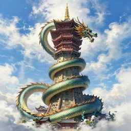 gigantictower, majestic japanese dragon, ryuu, winding around the gigantic tower, reaching for the sky, wadim kashin