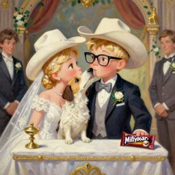 stylish painting of the Milkybar kid with blonde hair, cowboy hat and glasses, kissing dog, on the altar, at their wedding. In the style of JC Leyendecker and Norman Rockwell