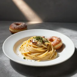 a plate of pasta with donuts, professional food photography