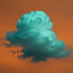 a photorealistic hyperrealistic deep vivid colors of a floating teal cumulonimbus cloud in a dark orange sky