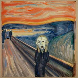 tempera, on cardboard, by edvard munch in the style of the scream, sacred figure, wearing ffp!!! 2 masks