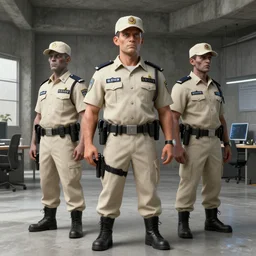 ( ( beige ) ) uniform and caps zombie security officers ( background brutalist concrete office ) trending on artstation very high detail digital painting 4 k 8 k hd accurate
