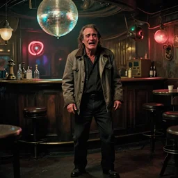 the full - body shot of crying old unkempt drunkard brawler ( ( ( ( ( ( joaquin phoenix ) ) ) ) ) ) with sideburns worn in old grey jacket in steampunk bar makes scandal, color movie with cinematography of christopher doyle, neon light reflectied from discoball, anamorphic, optical flares, award - winning photo, kodak film, masterpiece, 8 k