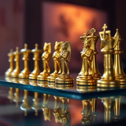 photo of a chess game the chess pieces are goldenegyptiann gods on areflective glasss tablee, the chess pieces are goldenegyptiann gods, low angle, purple light from the left side, 1 8 mm, hyperrealistic, very detailed