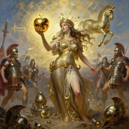 eris discordia, holding an reflective gold!!! metal apple, goddess of chaos, wide angle, battlefield of trojan war, trojan horse, intricate details, artifacts, luminous skies, by michael cheval, peter mohrbacher, boris vallejo, jessica rossier, oil painting, highly detailed, cinematic lighting, unreal