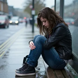 An emo girl at a british bus stop in 2006, rainy