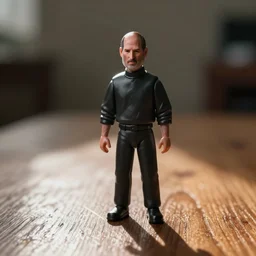 steve jobs action figure sad bokeh on wooden table
