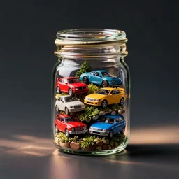photograph of a small glass jar filled with various types of motor vehicles, product photography, studio lighting, octane render, unreal engine