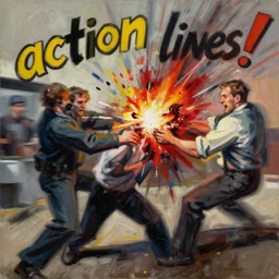 'howard hamlin'!! getting shot, head exploding, painting by phil hale, 'action lines'!!!, graphic style, visible brushstrokes, motion blur, blurry