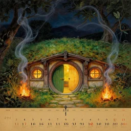 hobbiton at night, bag end on fire, by alan lee, intricate, smoke trails, lord of the rings calendar, smooth, detailed terrain, oil painting