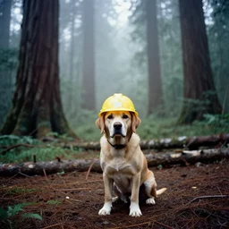 puppy wearing hard hat deforestation, fog, old growth forest, ektachrome, photo from 1 9 9 8,