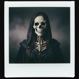 Polaroid of a Goddes of death portrait with dark clothes, Double Exposure, fog, ultra super good realistic 3D render by pete morbacher and Emil Melmoth, Trending on Artstation, I can't believe how detailed this is, 8k