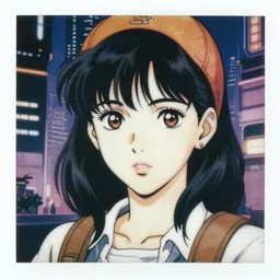 a film still polaroid portrait of a 1 9 8 0's disney girl adventurer, finely detailed features, closeup at the faces, perfect art, busy cyberpunk city, trending on pixiv fanbox, art by kim, ink manga style