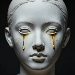 a person looking at camera made of porcellaine, golden tears, moody lighting, dark background, high contrast, textured paint strokes on the face, thick painterly feel, mid close up