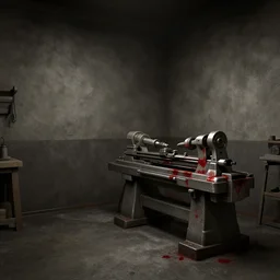 3 d game cg, inside a dusky empty work shop, a lathe with blood stains in the corner alone on the right side for processing parts. artstation trending, unreal engine, hyperdetailed, 4 k