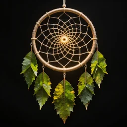 a dreamcatcher made out of leaves, studio photography, black background, faint glow, volumetric