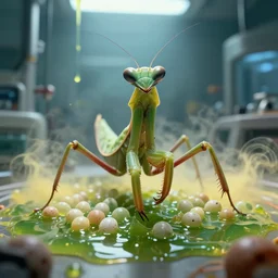 a highly detailed mantis - like alien abomination laying eggs towards the camera, in a biotech lab, from love death and robots ( 2 0 1 9 ). sticky liquids, greenish fluids, yellowish steam. coherent portrait, intricate, elegant, suspense environment, digital photo, trending on artstation, hdr photo, smooth, sharp focus