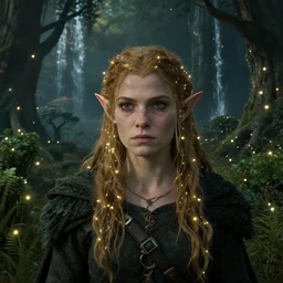 a cinematic, fantasy, headshot portrait, of an elden ring elf, fairy lights, background of a vast shrubbery forest, with trees and waterfalls, detailed, deep focus, movie still, dramatic lighting, ray tracing, by michal karcz and yoshitaka amano