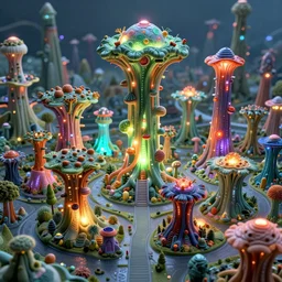 mycelium city by jean giraud, 4 k octane render masterpiece, best of artstation, rimlight, bioluminescence, volumetric lighting, ultradetailed, vibrant colors.