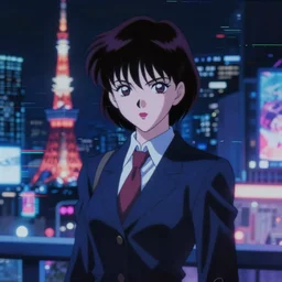 blurry and dreamy screencap of a realistic character from 8 0 s horror anime, vampire woman with short hair and wearing dress suit with tie, character design by yoshitaka amano and junji ito, glitchy vhs tape, night tokyo in the background, perfect blue color palette, noisy film grain effect, blurry image