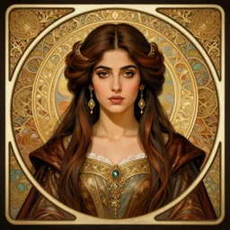 head-on symmetrical centered painted portrait, Mahira Khan as a D&D wizard, art nouveau, medieval robes, fantasy, intricate, elegant, highly detailed, smooth, sharp focus, illustration, artstation, in the style of Artgerm and Anna Podedworna and Alex Ross and Mucha
