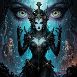 beautiful stella maeve magician, black magic spells, in the style of joshua middleton, rafeal albuquerque comicbook cover art, phil noto, creepy pose, spooky, symmetrical face and body, vibrant cinematic lighting, detailed realistic symmetrical eyes, insanely detailed and intricate elegant, aquapunk, titian, bioshock, underwater home