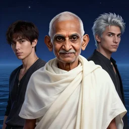 mahatma gandhi, deep space, seascape, grimes, lain iwakura, silver hair, johfra bosschart, usagi, cut anime maid, cosmos, psychedelic flowers, black opal, rainbow aura quartz, organic, oni compound artwork, of character, render, artstation, portrait, wizard, beeple, art, fantasy, epcot, psychedelic glitchcore