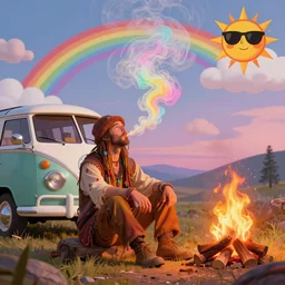 cartoon hippie blowing an excessive amount of rainbow colored smoke while sitting by a campfire next to his cartoon hippie volkwagon van, rainbows, pastel pallet, clouds, sun with sunglasses and cartoon face - - width 1 5 0 0