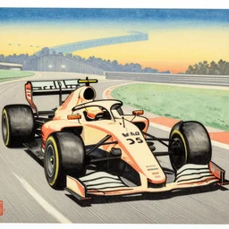 japanese woodblock print of a formula 1 race