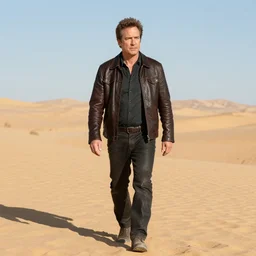 Picture of a single wanderer in black and brown leather clothes, wandering the desert landscape, full of wonderful things, IMPORTANT: portrayed by Bob Odenkirk, detailed face features, beautiful, frontal view, realistic, visible face, , smile, low fantasy, extremely detailed, trending on artstation, artstationHD, artstationHQ, cgsociety, HD, 8K, no hat, Cinema quality, award winning shot, cinematic, no extra characters, alone, solitary character, IMAX, chiaroscuro