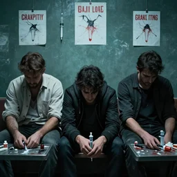 junkies injecting heroin in a shooting gallery, sad,