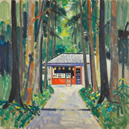 abstract expressionest detail gateway painting in a forest leading to a restaurant from an unknown culture, pure ink on xuan paper, vivid oil painting detail (2045) painted by Miruata Jenshi
