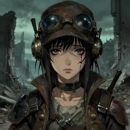 a film still of a sad dieselpunk archeologist girl, finely detailed features, closeup at the faces, dramatic cinematic, at ruins city, gapmoe yandere grimdark, trending on pixiv fanbox, painted by greg rutkowski makoto shinkai takashi takeuchi greg rutkowski, alphonse mucha