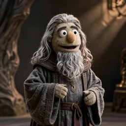 A still of Gandalf the Grey as a muppet, realistic photo