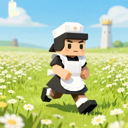 ( ( low _ poly ) ) ( ( playstation ) ) running ( ( anthropomorphic ) ) ( ( lurantis ) ) ( [ maid ] ) wearing a hat ( standing ) in a ( ( field ) of daisies ), holding her arms in front, mount coronet in the distance illustration by ruan jia on artstation