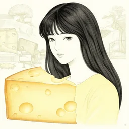 a beautiful korean girl in the land of cheese, by akihiko yoshida, kenny mcbride, moebius, intricate, elegant white dress, vibrant, pretty face, red white background, fine details, perfect, gold decorations, 8 k high detail, masterpiece