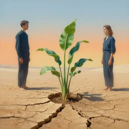 green plant emerges from cracked earth in desert by zdzislaw beksinski and gediminas pranckevicius and tiffany bozic, cold hues, warm tone gradient background, concept art, beautiful composition, digital painting