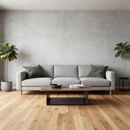 living room, wooden floor, concrete wall, contemporary furniture, photorealistic render in octane