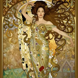realistic detailed dramatic symmetrical portrait of Angelina Jolie as Salome dancing, wearing an elaborate jeweled gown, by Alphonse Mucha and Gustav Klimt, gilded details, intricate spirals, coiled realistic serpents, Neo-Gothic, gothic, Art Nouveau, ornate medieval religious icon, long dark flowing hair spreading around her