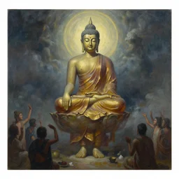 The moment when Gautam Buddha achieved nirvana, by Bruce Pennington, by Dean Ellis, by Greg Rutkowski, by oil on canvas, masterpiece, detailed, dynamic, cinematic composition, beautiful lighting, view from ground, trending on artstation, top on pixiv, 8K, award winning, no frames,