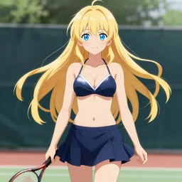 a very beautiful young anime tennis girl, long blond hair, full body, ( sky blue eyes ), ( full round face ), short smile, bikini, miniskirt, highly detailed, cinematic wallpaper by stanley artgerm lau