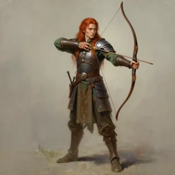 a painting of an elven archer with long red hair holding a bow, wearing elven tribal ornamented armor, full body concept, beksinski, the hobbit elf concept art, ruan jia