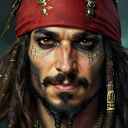 close up of a pirate face, beard, smirk, black hair, face tattoo, deep focus, d & d, fantasy, intricate, elegant, highly detailed, digital painting, artstation, concept art, matte, sharp focus, illustration, hearthstone, art by artgerm and greg rutkowski and alphonse mucha