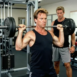 Rick Moranis pumping iron in the gym next to Arnold vintage