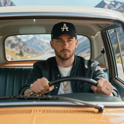 a very high resolution image from a new movie, eminem driving a car. inside of a car. alone. mountains, directed by wes anderson