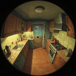 fisheye spiral lines, naive nerikomi, weird perspective, extra narrow, detailed illustration of a kitchen dimly lit by rhads from lorax movie, trending artstation, true color