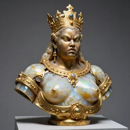 iridescent tanslucent onyx and gold bust of angry futuristic obese half - cyborg young black empress, museum piece, chromatic distortion
